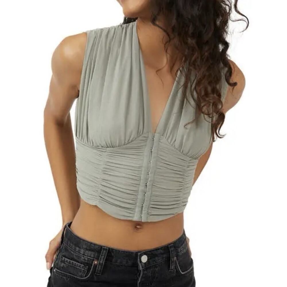 Free People Aria Ruched Top Seafoam Green Size Large EUC Boho Cottagecore Blouse